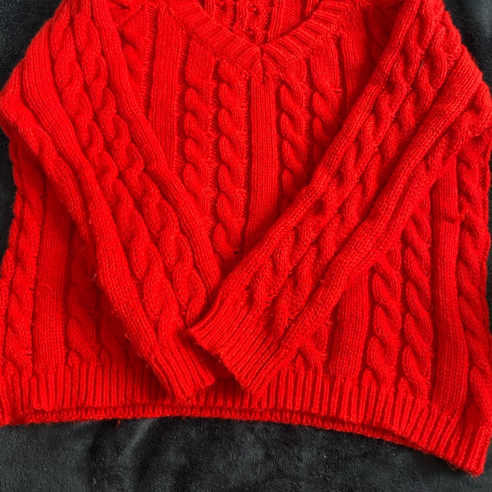 Red Cable Knit V-Neck Sweater
